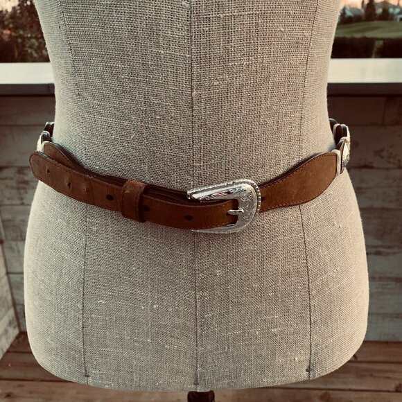 Vintage 90s 3-D Brown Leather Silver Heart Concho Buckle Western Boho Belt - Picture 1 of 15